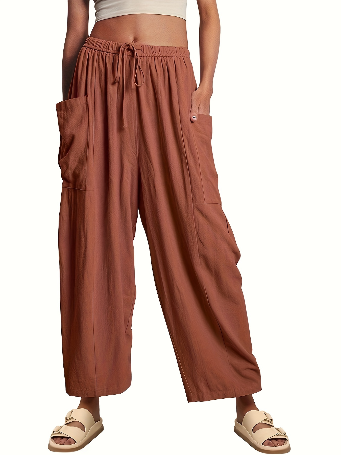  Women's Cotton Long Pants Wide Leg Pants Elegant Tiered Trouser  Summer Beach Pants Casual Loose Harem Pants for Outdoor Apricot S :  Clothing, Shoes & Jewelry