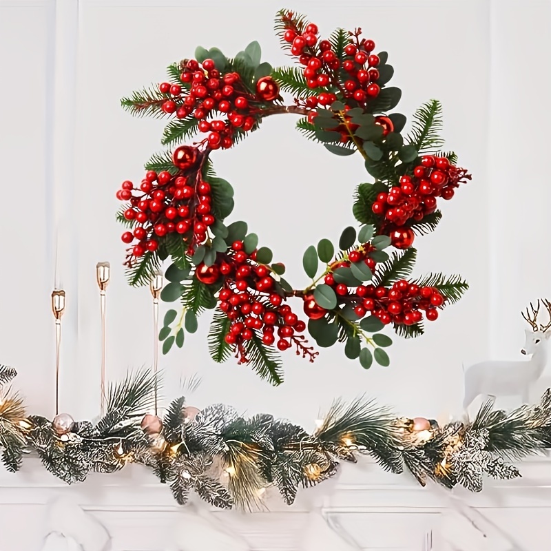 1pc, Christmas Wreath, Small Faux Red Berries Wreath For Front Door Window  Fireplace Mantel Xmas Winter Holiday Decoration Decor