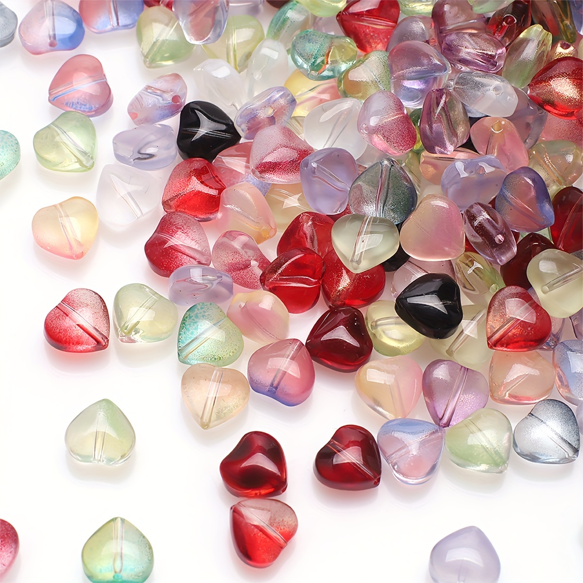 

50pcs Mixed Color Gradient Glass Beads Set, 8mm Heart & 10mm Charms, 8x15mm For Jewelry Making, For Earrings, Bracelets, Necklaces Crafting