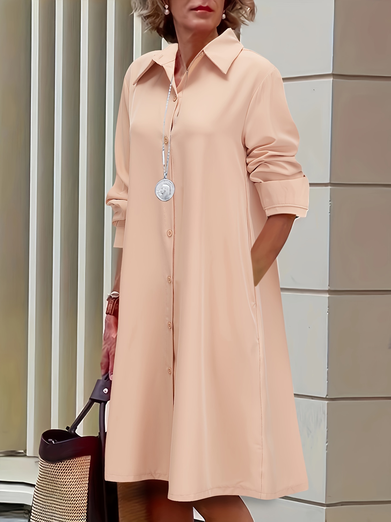 Women's Long Sleeve Shirt Dress - Beige