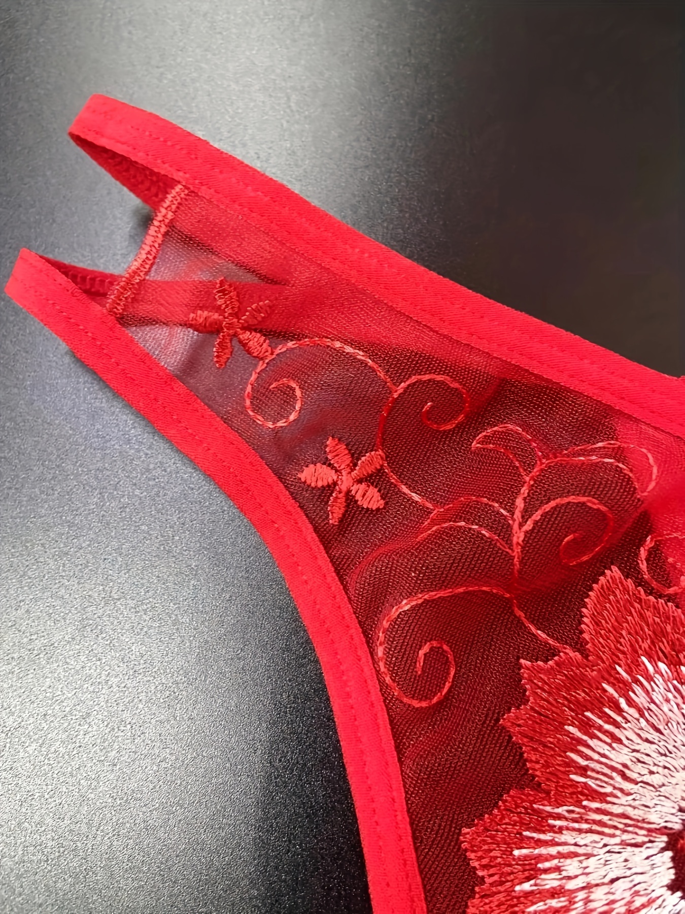 Floral Embroidery Thongs, Sexy Hollow Out Open Crotch Sheer Panties,  Women's Sexy Lingerie & Underwear-red