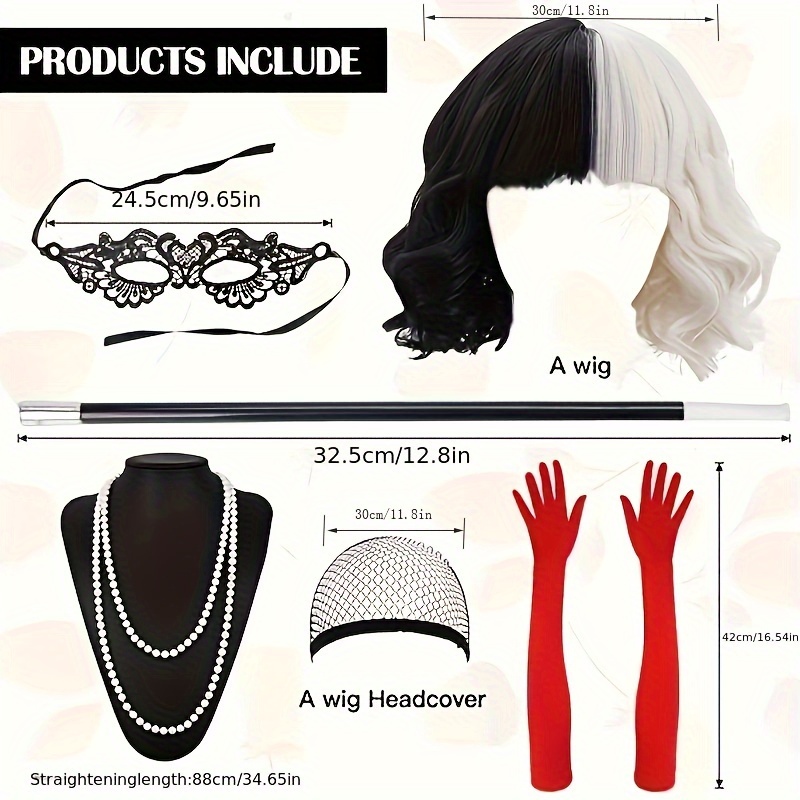 Temu Elegant Cosplay Accessories Set, Unique Color Block Black & White Short Curly Wig, Curly Human Hair Wigs Set, & Gloves & Sexy Eye Mask & Necklace 