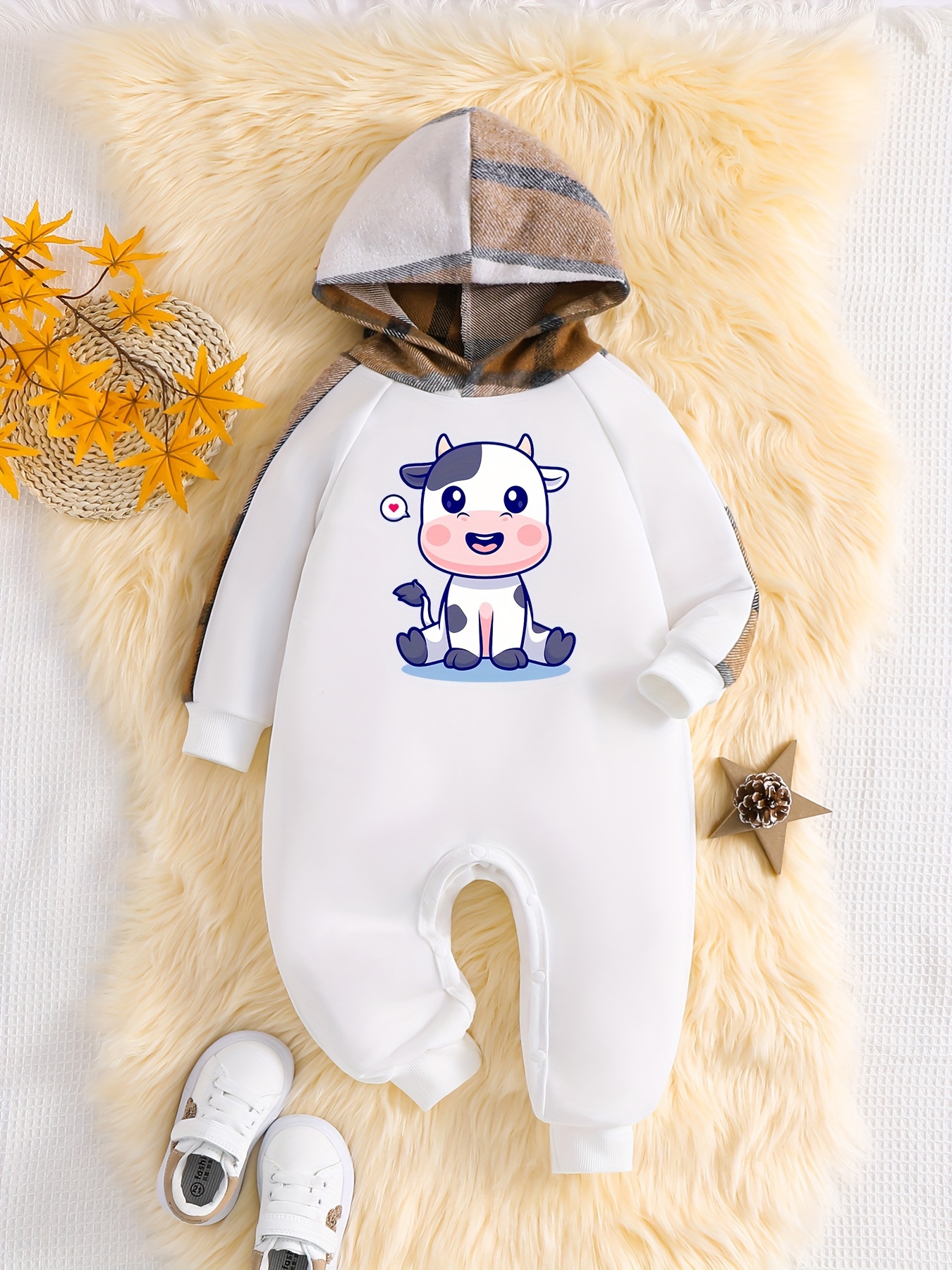 Disfraz de animal de vaca bebé, mameluco con capucha, mameluco de felpa  para bebés pequeños, vestido de una pieza de animal de vaca