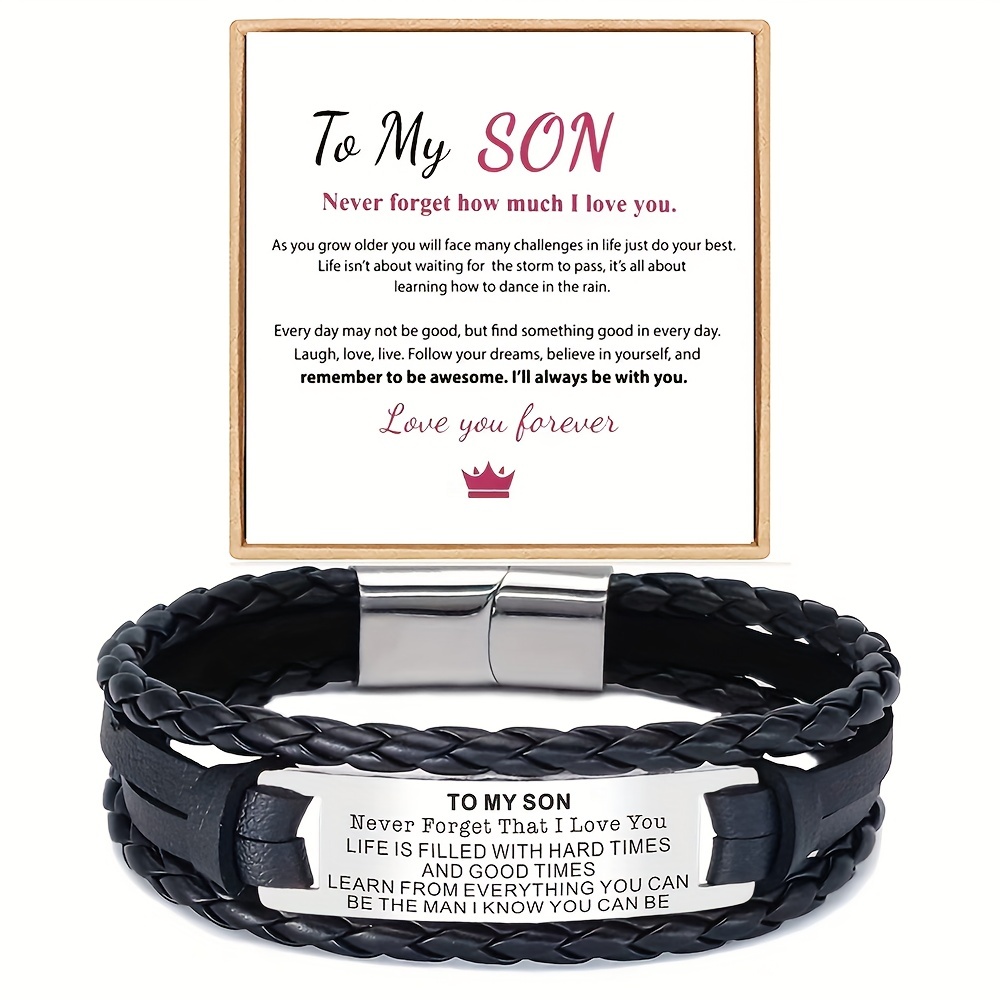  To My Son I Will Always Be With You Double Row Bracelet  Personalized Inspirational Bracelets for Men Braided Leather Bracelets  Magnetic Closure Gift for Son (2pcs): Clothing, Shoes & Jewelry