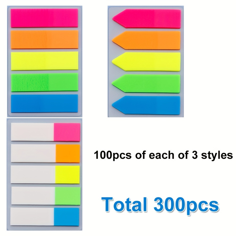 300pcs 3 Styles Pet Fluorescent Sticky Notes, Reusable Stickers For Students And Office Use, Bookmark Tabs, Index Tabs, Suitable For Office Marking, Student Bookmarking, And Indexing