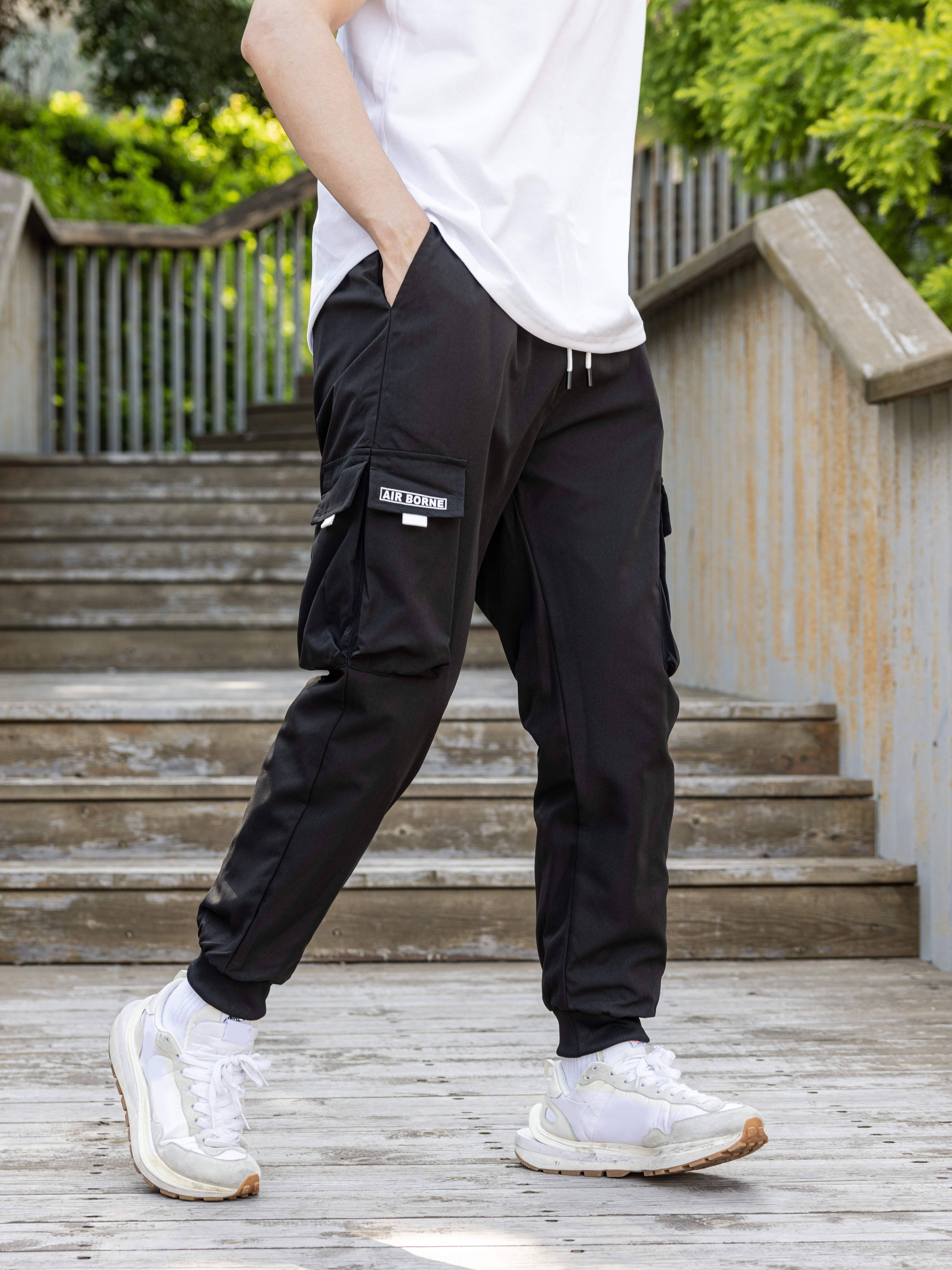 Men's Drawstring Cargo Pants in Black