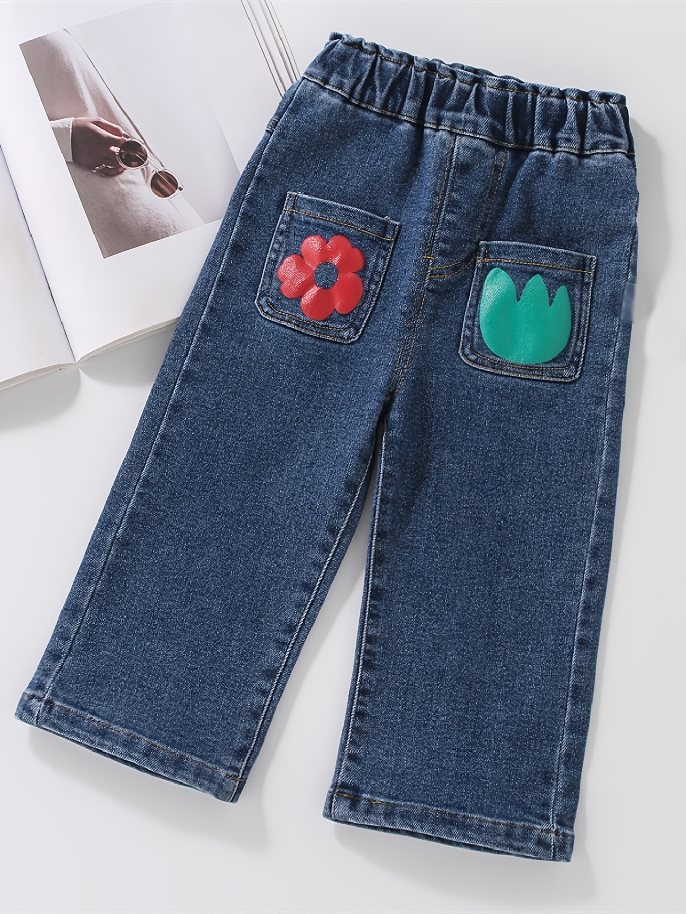 Niñas Flores Gráfico Bolsillo Jeans Cintura Elástica Denim - Temu