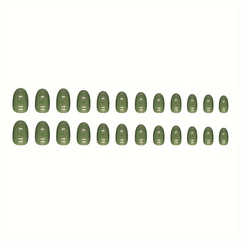 24pcs short oval fake nails glossy pure color green artificial nails with jelly stickers 1pc nail file details 4