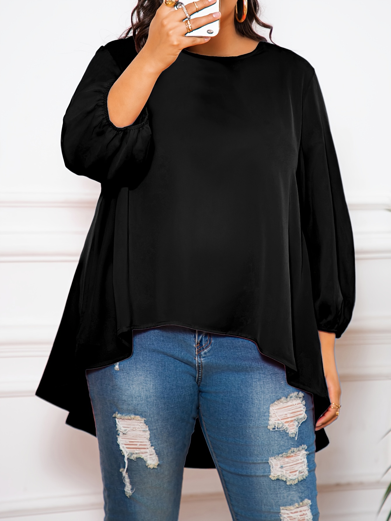 Plus Size Casual Top, Mujeres Plus Sólido Manga De Linterna Cuello Redondo  Top De Estiramiento Medio - Temu