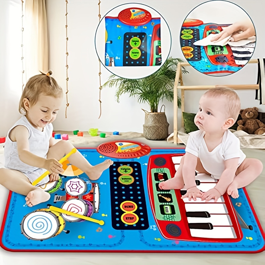 Juguetes para bebés para niños y niñas de 1 año, juguetes musicales 2 en 1,  piano para niños pequeños y alfombra de tambor electrónico con 2 palos,  manta de piso de aprendizaje