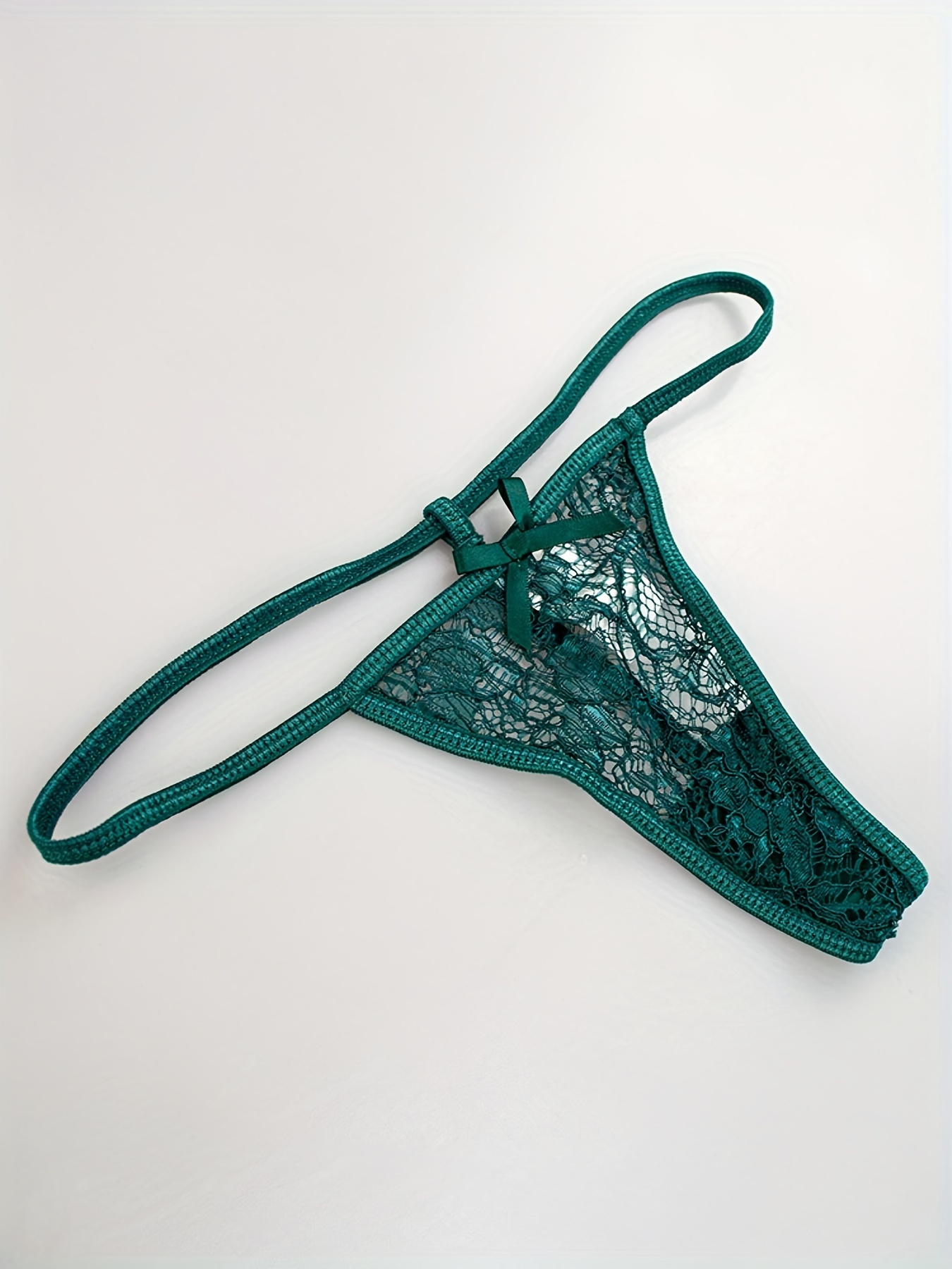 Sheer Green Thong with Shiny Green Stripes & Floral Lace Bands - Large