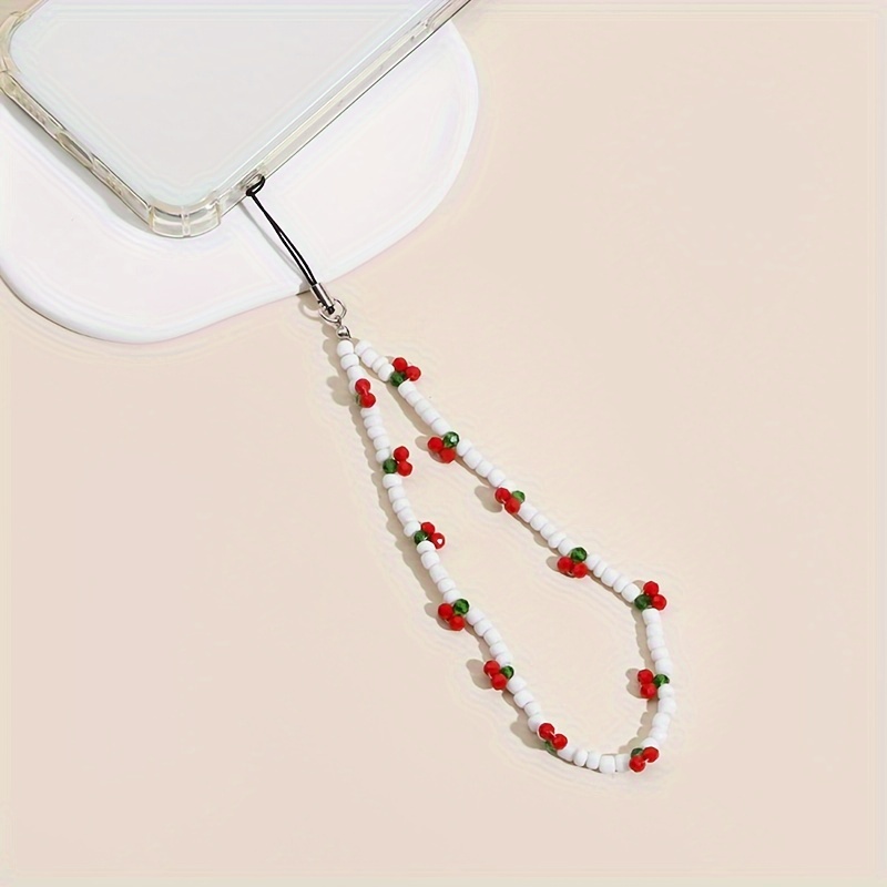 

Mobile Phone Case Hanging Chain Mobile Phone Lanyard Wristband White Rice Bead String Rural Style Red Cherry Bag Mobile Phone Chain