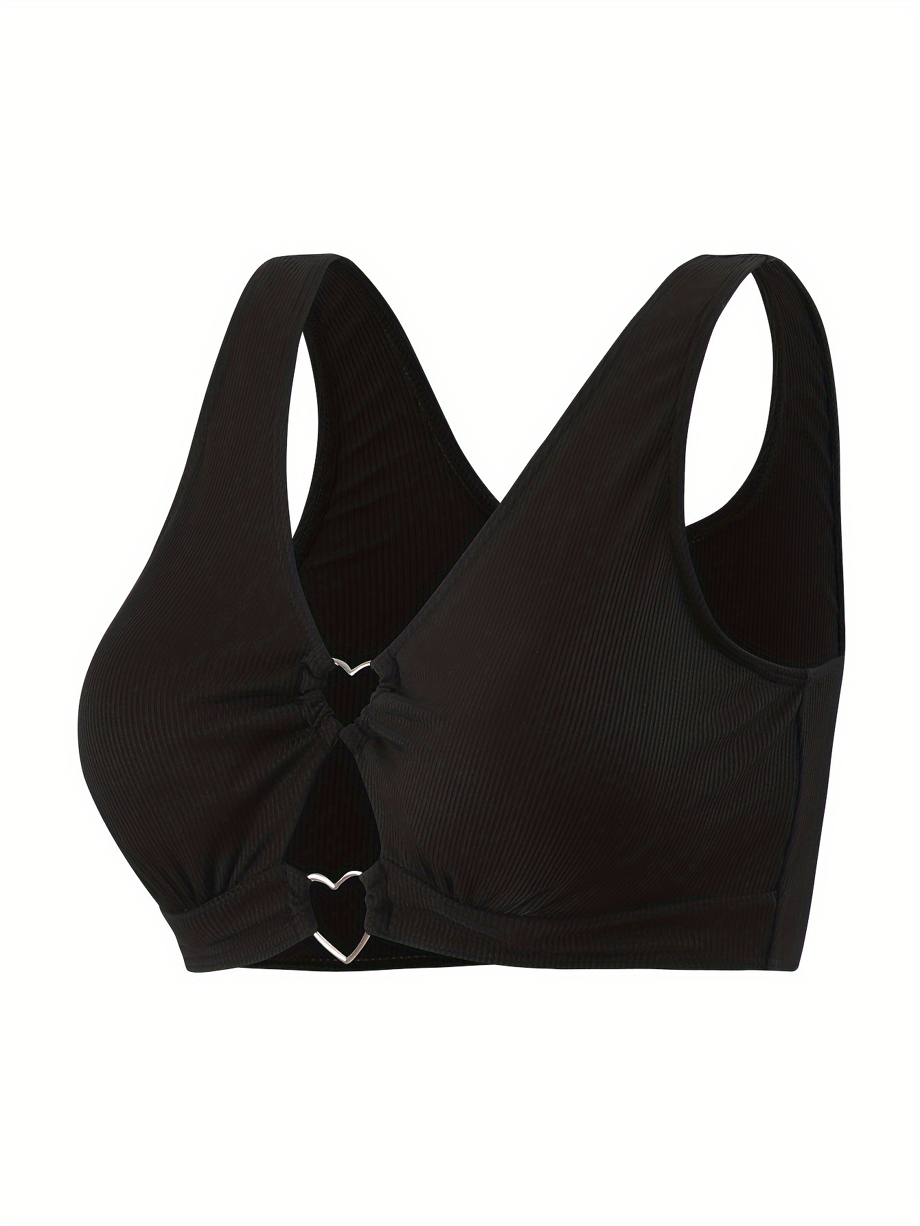 Heart Shape Ring Hollow Black Bikini Top Solid Color - Temu