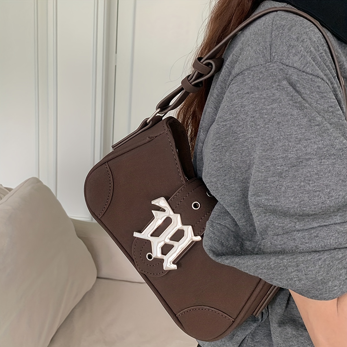 Niche Design Baguette Bag, Solid Color Y2k Underarm Bag, Trendy Shoulder Bag  With Metal Buckle Decor - Temu Israel