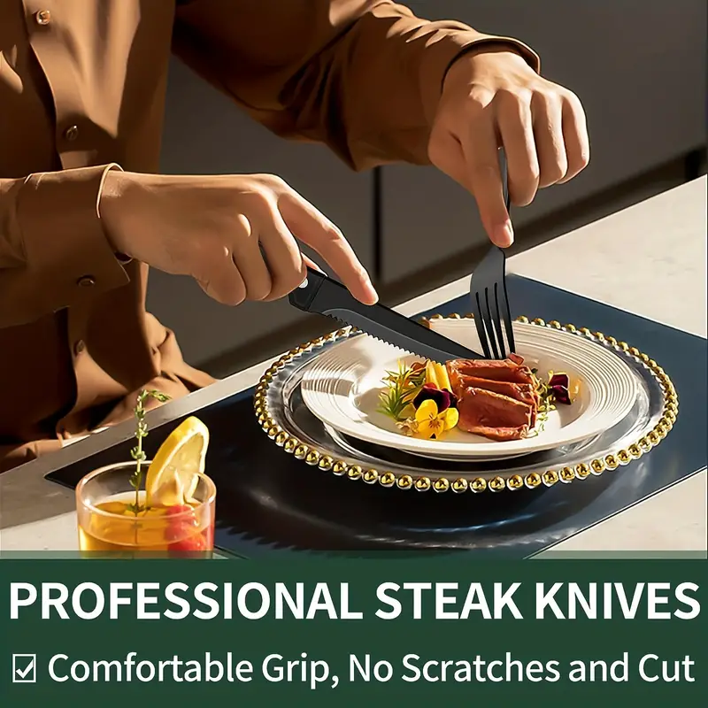 Black/rose Silverware Set With Steak Knife Food Grade - Temu