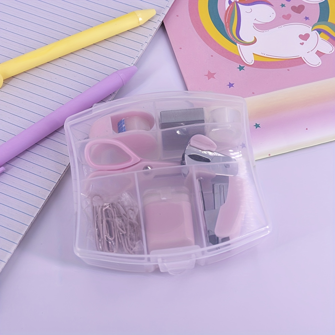 LD Pink Mini Office Supply Kit Portable Case with Scissors, Paper Clips, Tape Dispenser, Pencilener, Stapler & Staple Remover