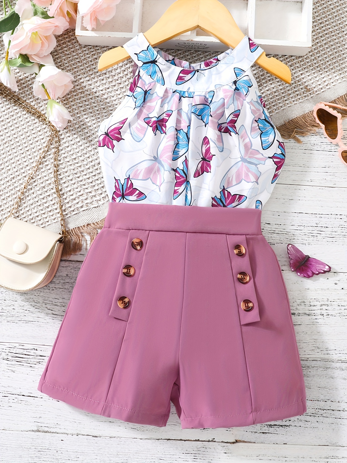 Girls' Leopard Halter Top & Button Shorts Set for Party Beach Vacation