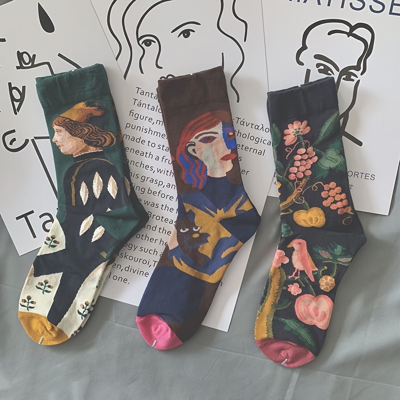 

3 Pairs Oil Painting Print Socks, Creative & Trendy Mid Tube Socks, Women's Stockings & Hosiery