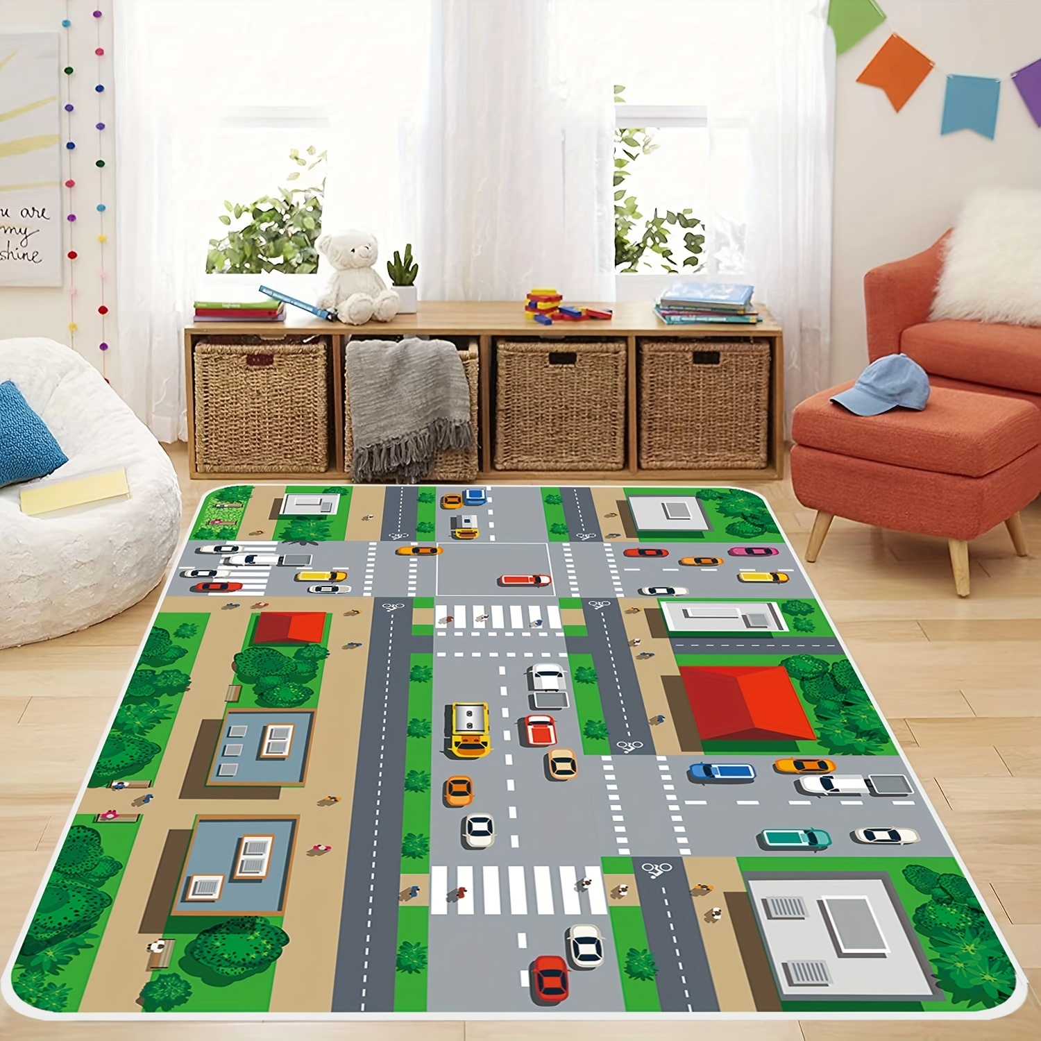 Engree Alfombra de carretera para niños, alfombra de mapa de la comunidad  de la vida urbana, alfombra de juego de 5 x 7 pies con parte trasera de
