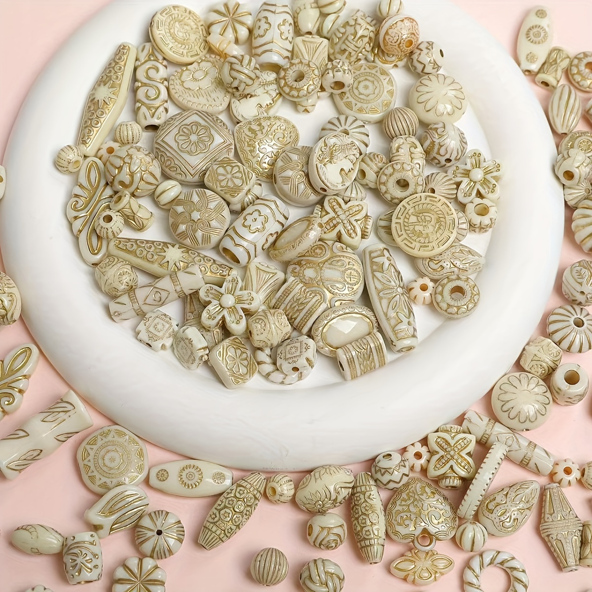 Image of 25g Vintage Golden-accented Acrylic Beads For Making - Assorted Shapes & Sizes