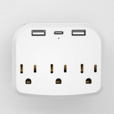 1pc Mini Outlet Extender , USB Wall Charger,  3-Outlet Surge Protector Power Strip With 2 USB Ports And 1 Type-c, Multi Plug Outlet With Spaced Outlets For Office, White