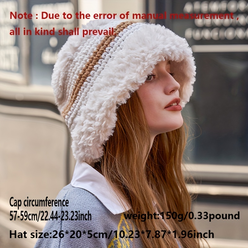 White Crochet Plush Bucket Hat Color Block Thick Windproof Cloche Hats Lightweight Fisherman for Women Autumn & Winter,Temu