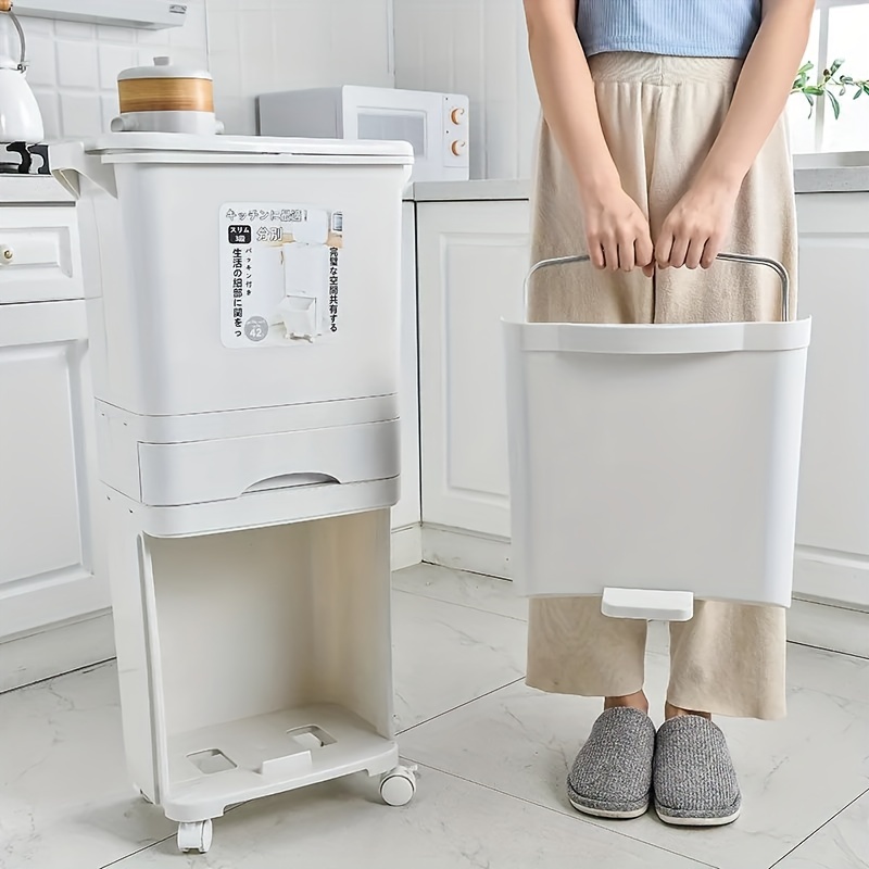 Cubo de basura de separación seca y húmeda Cubo de basura doméstico 2  compartimentos Diseño elegante Papelera de oficina para lavandería,  vehículos beige Macarena bote de basura de cocina