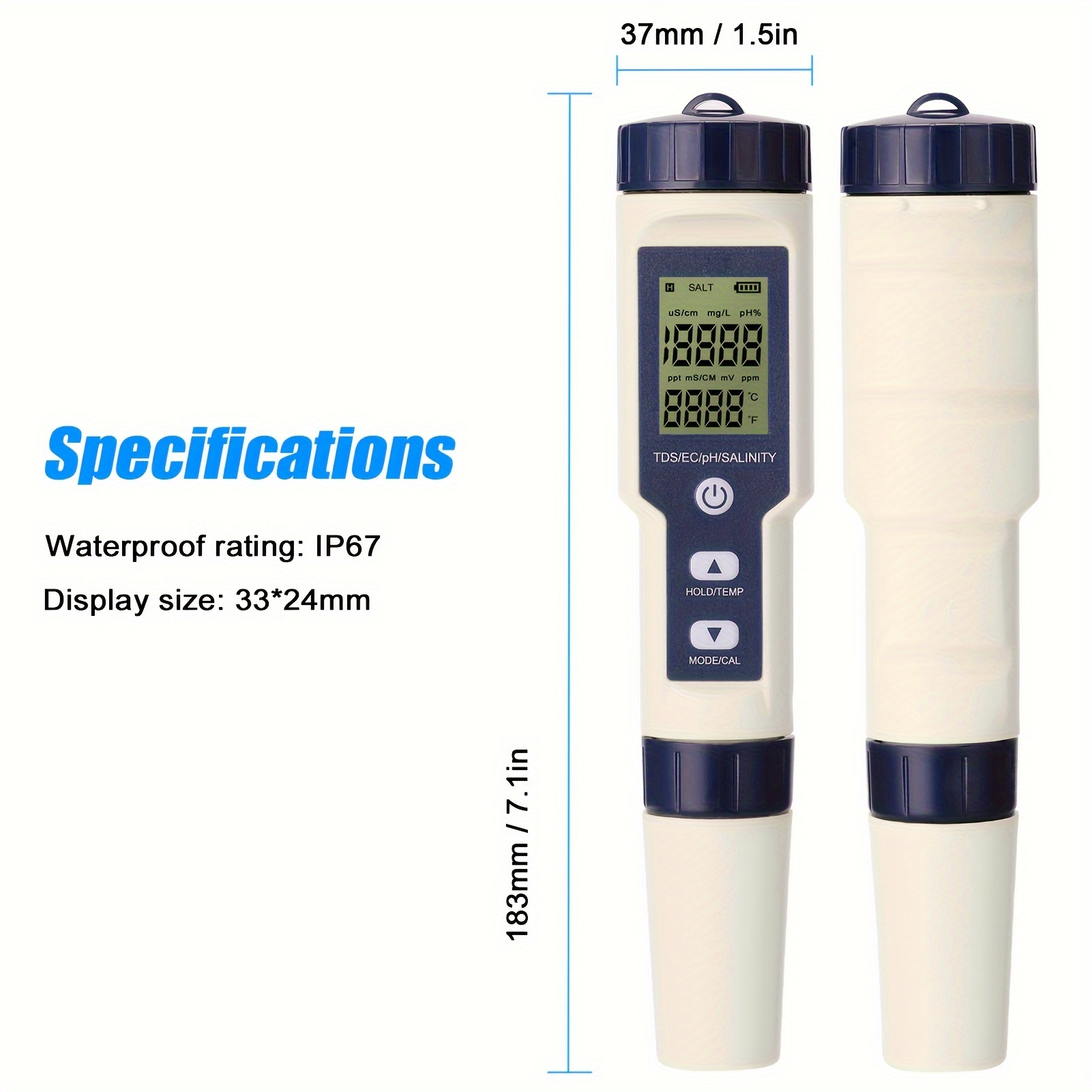 Testeur de pH Numérique 5 en 1 Testeur de pH EC TDS Salinité Thermomètre pH  Mètre Electronique avec Rétroéclairée Testeur de Qualité de l'eau IP67