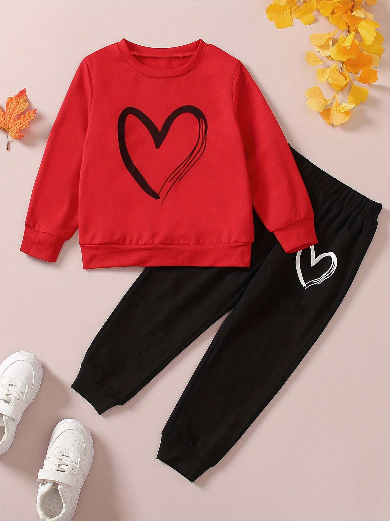Girl's Heart Pattern Outfit Sweatshirt Sweatpants Set Casual - Temu