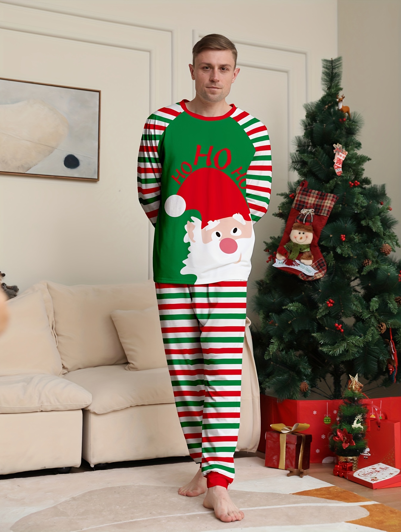 Men's Casual Christmas Striped Home Pajamas Set Santa Claus - Temu Canada