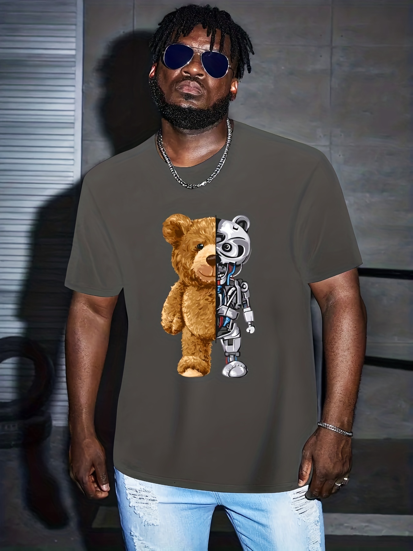 Tees For Men, Denim Teddy Bear Print T Shirt, Casual Short Sleeve Tshirt  For Summer Spring Fall, Tops As Gifts - Temu