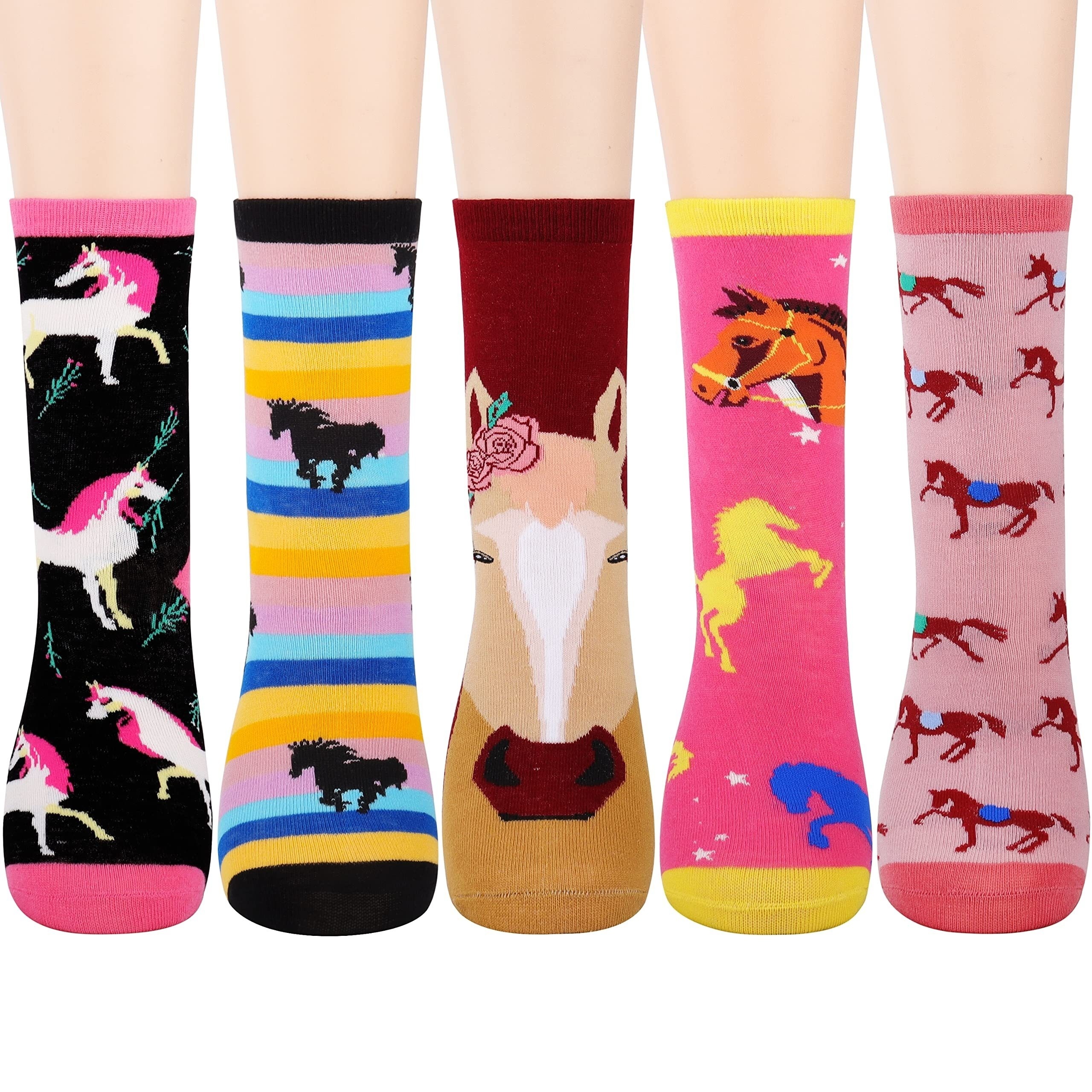 

5pairs Girls Kids Cute Funny Crazy Horse Pattern Cartoon Cotton Blend Crew Socks Gifts For Girls