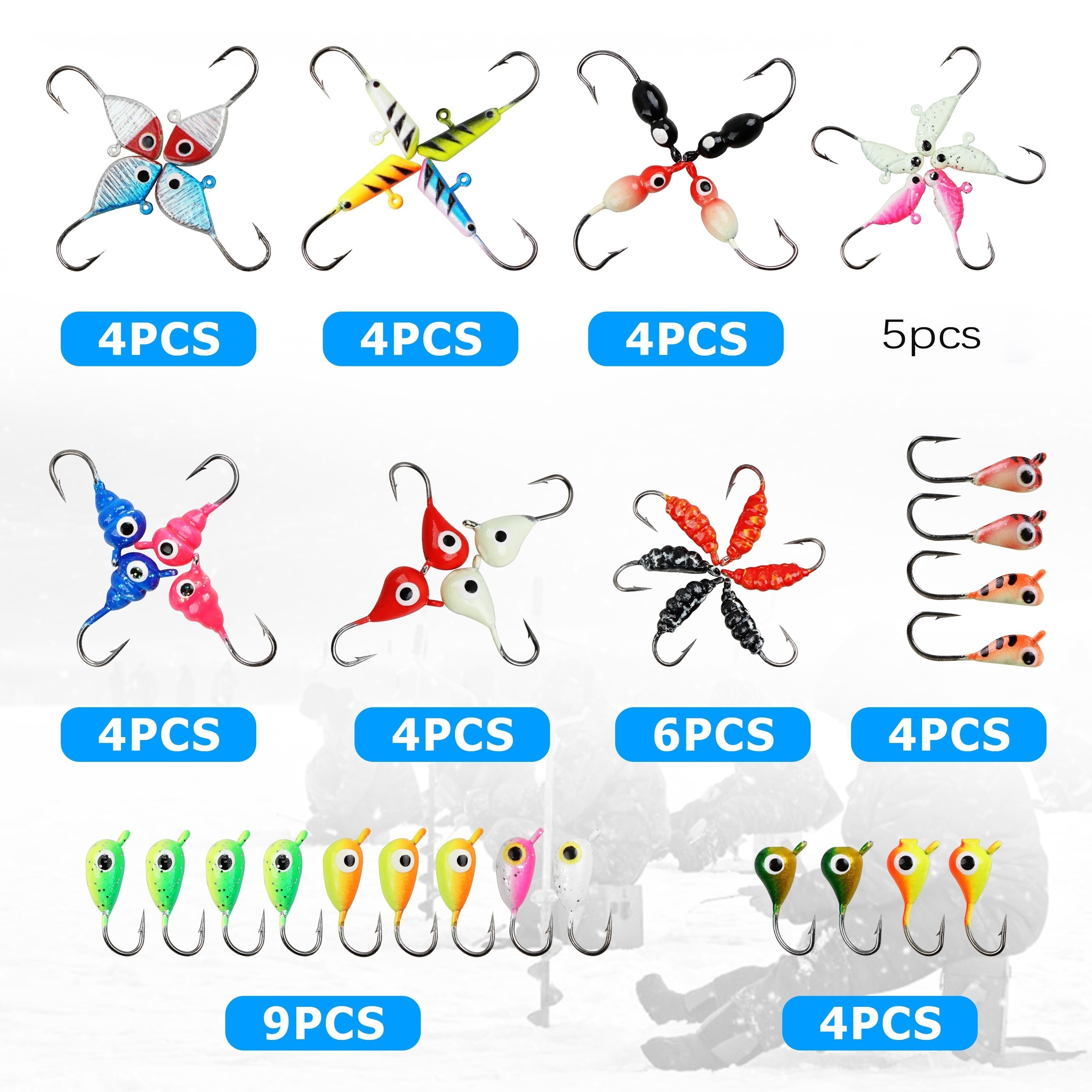 38Pcs Ice Fishing Jigs Ice Fishing Lures Kit Glow Ice Fishing Jigs Heads  Crappie Jigs Winter Fishing Hard Lures with Tackle Box