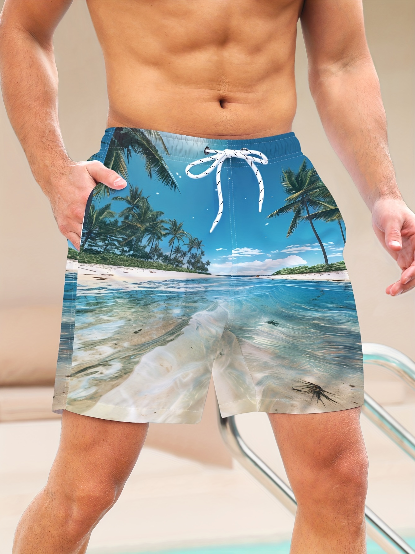 Men's Casual Loose Fit Color Block Active Shorts, Drawstring Beach Shorts  For Summer Beach Resort