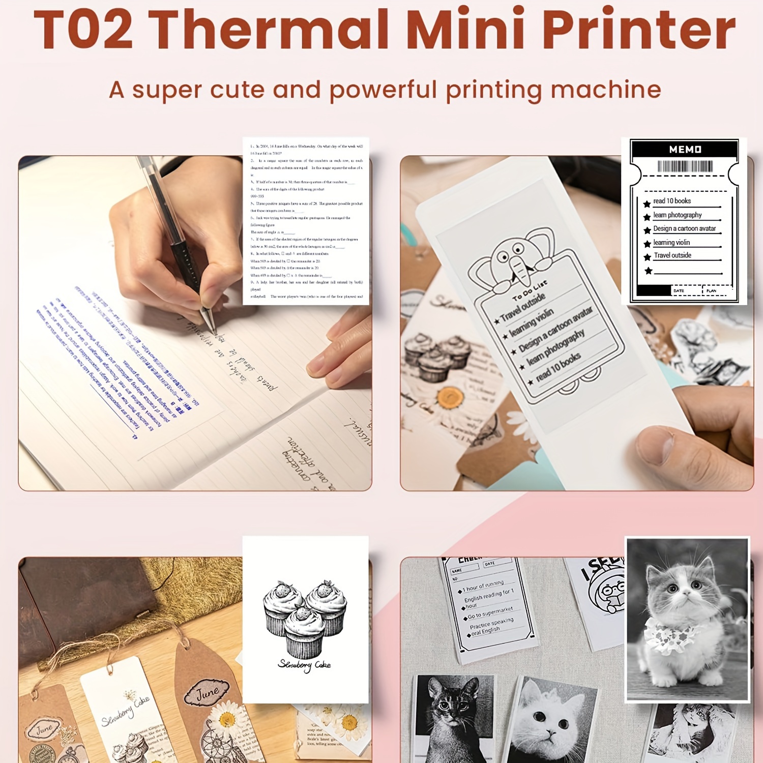 Memoking T02 Mini Thermal Printer Small Photo Printer for Phone, Portable  Wirele