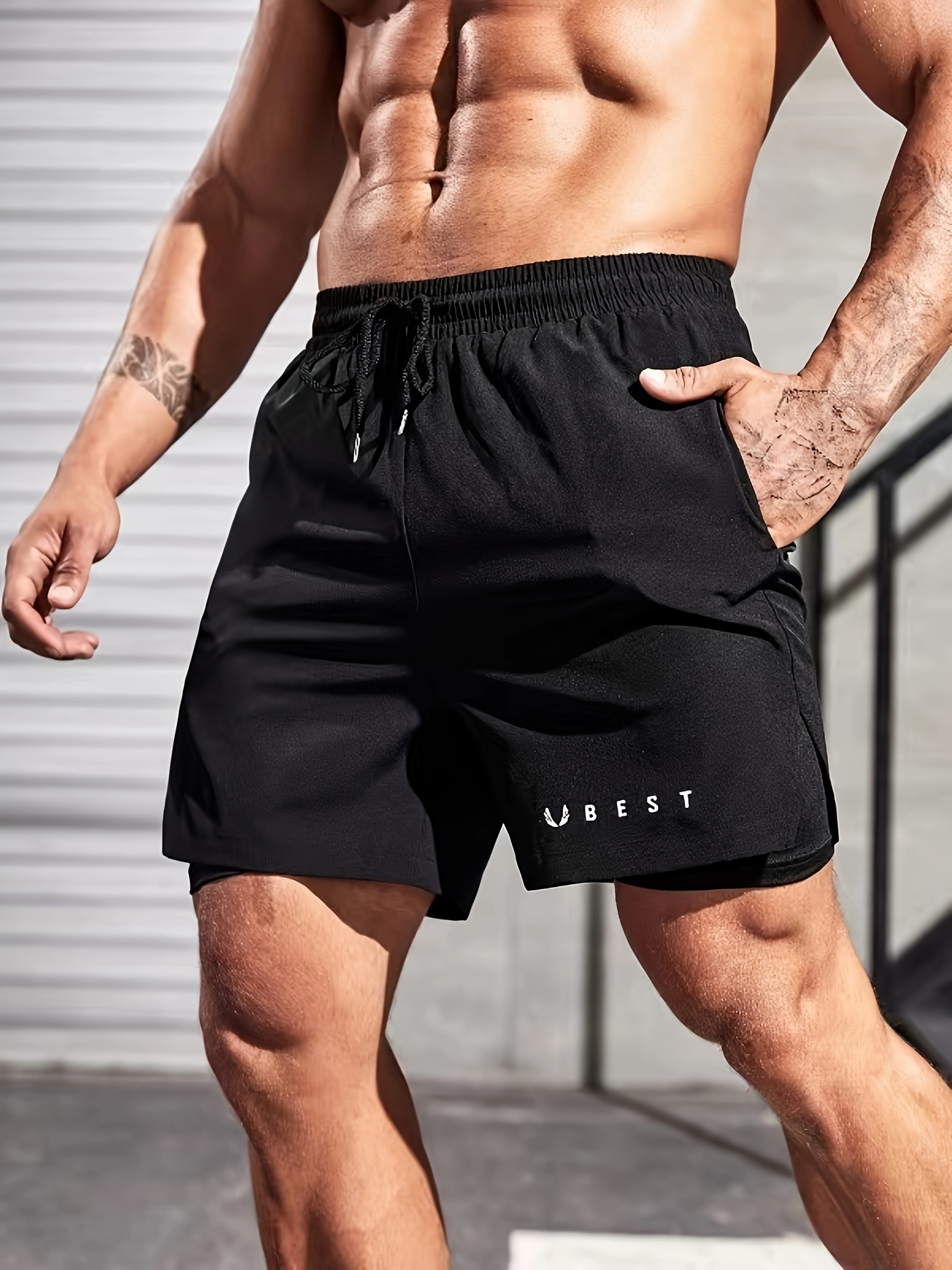 Men's 2 In 1 Running Shorts, Activewear, Phone Pocket Stretch Drawstring  Sport Shorts, Lightweight Quick Dry Athletic Shorts For Gym Fitness Workout