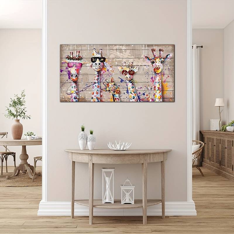 Giraffe Family Portrait - Abstract Framed Canvas Wall Art, Gallery Wrapped, UK Handmade