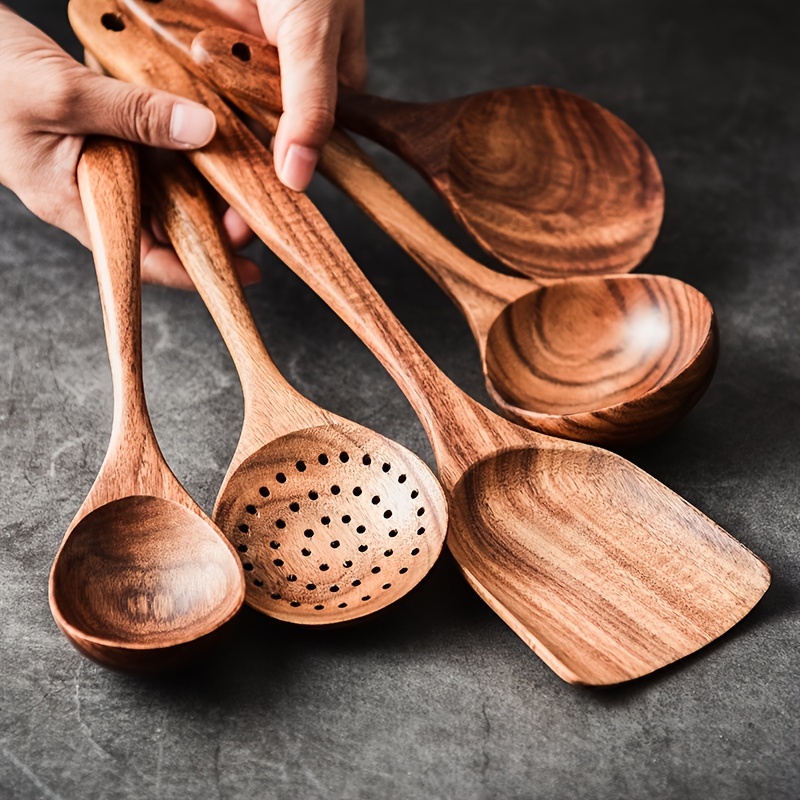 Wooden Cooking Spoon Set Wok Turners Natural Teak Wooden - Temu
