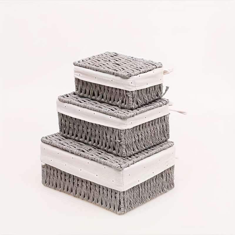 Grey Woven Storage Basket With Lid Fabric Desktop Storage Sundries Toys Key Wicker Storage