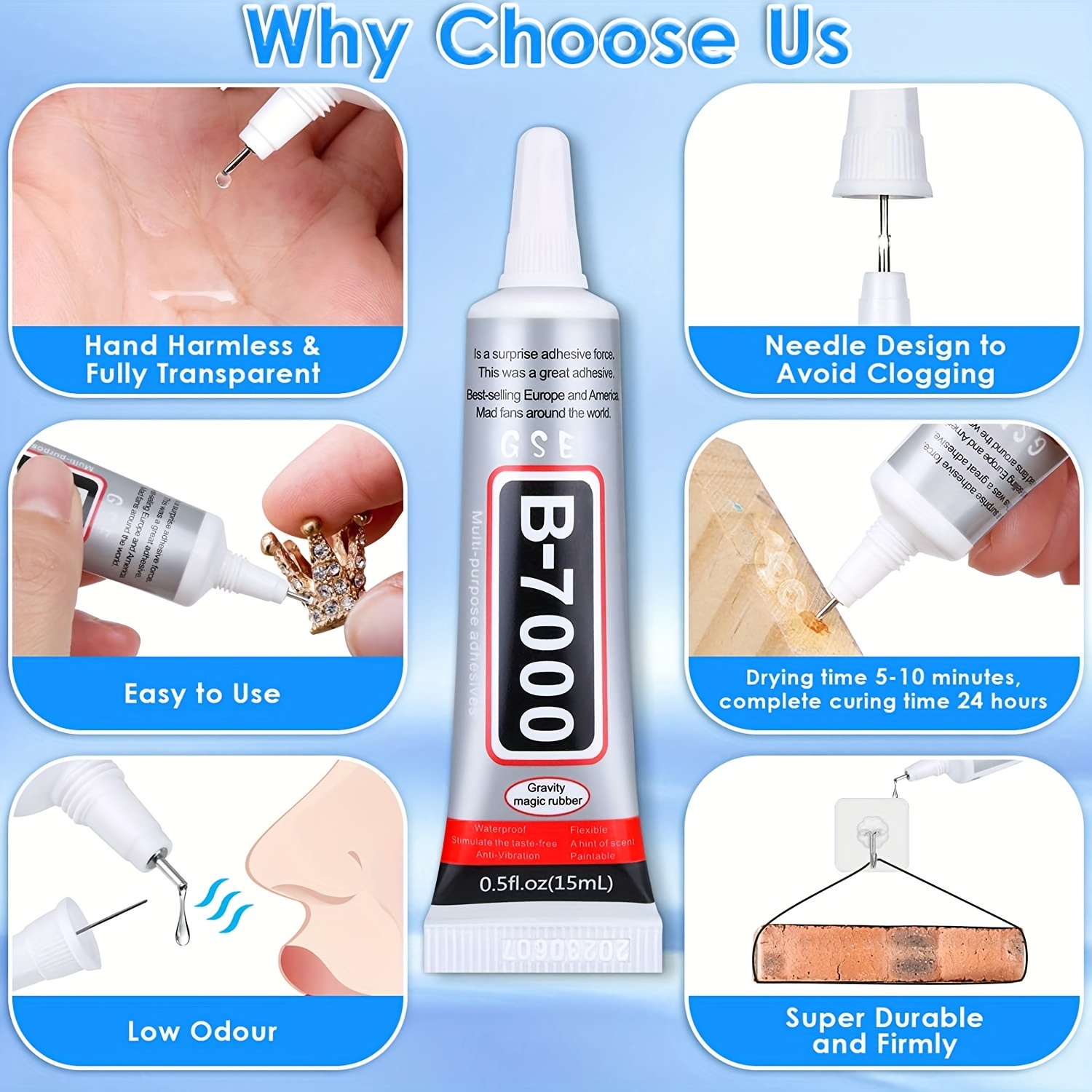 B-7000 Glue Clear for Rhinestone Crafts, Jewelry and Bead Adhesive B7000  Semi Fluid High Viscosity Glues for Clothes Shoes Fabric Cell Phones Screen
