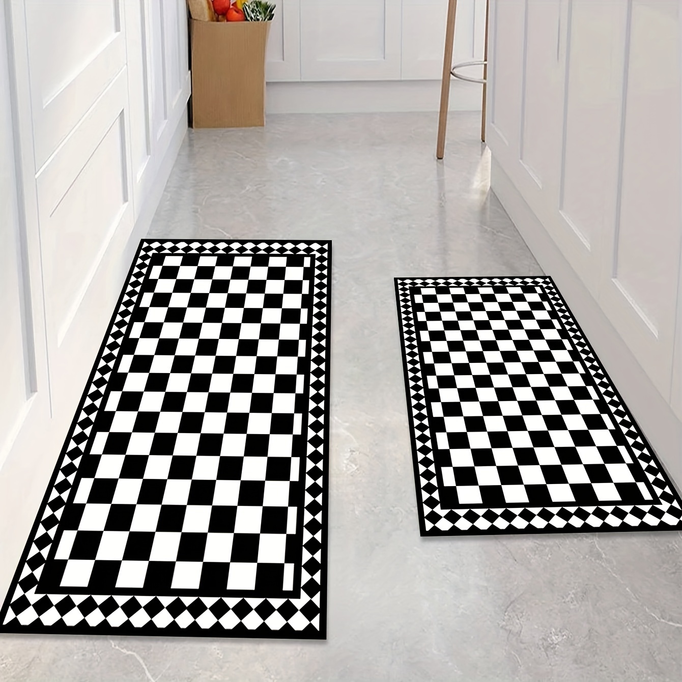 Black White Checkered Pattern Area Rug Non slip Kitchen - Temu