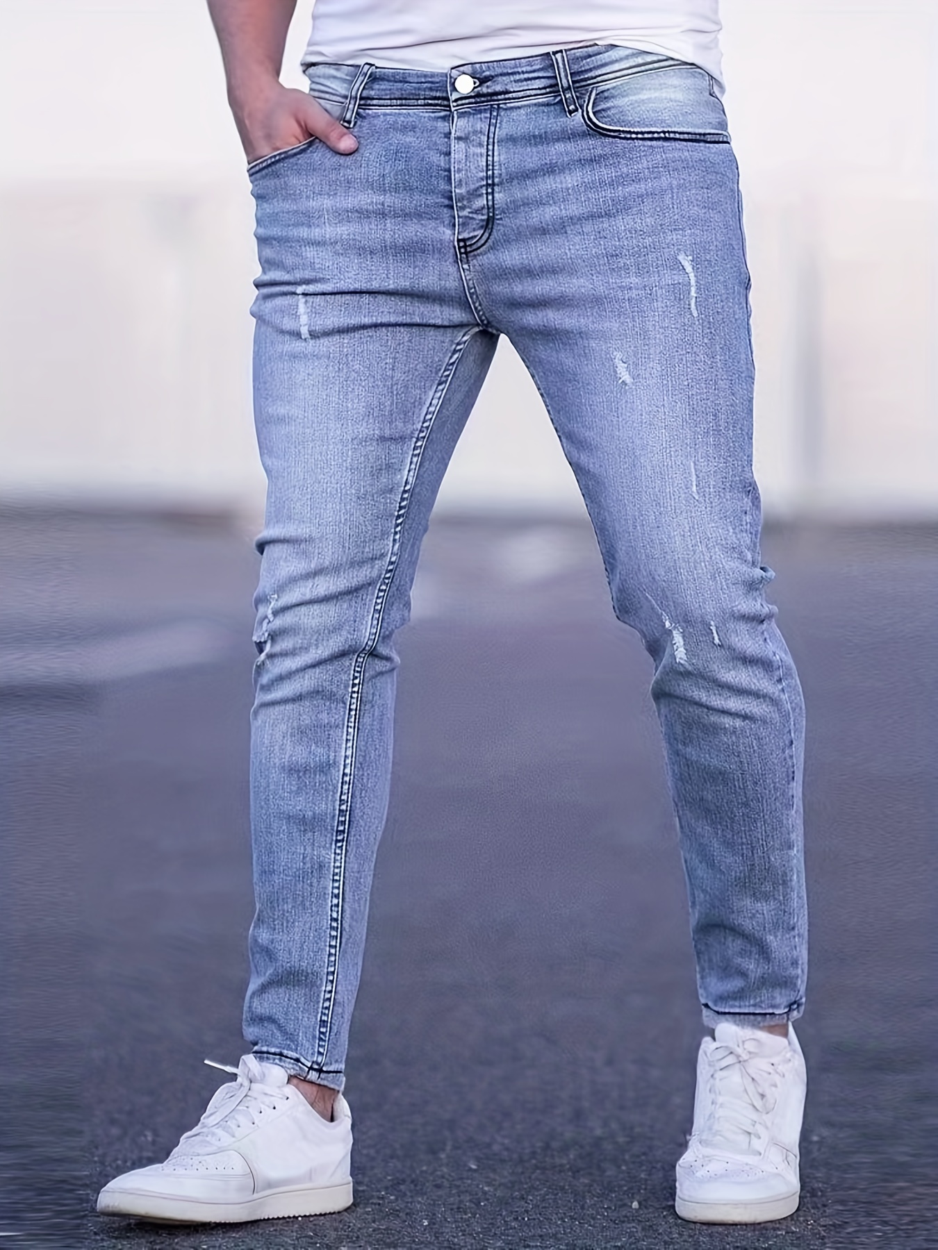 Jeans ajustados de cintura alta en azul, pantalones de mezclilla estilo  callejero ultra desgastados y de alta elasticidad, jeans de mezclilla y  ropa p