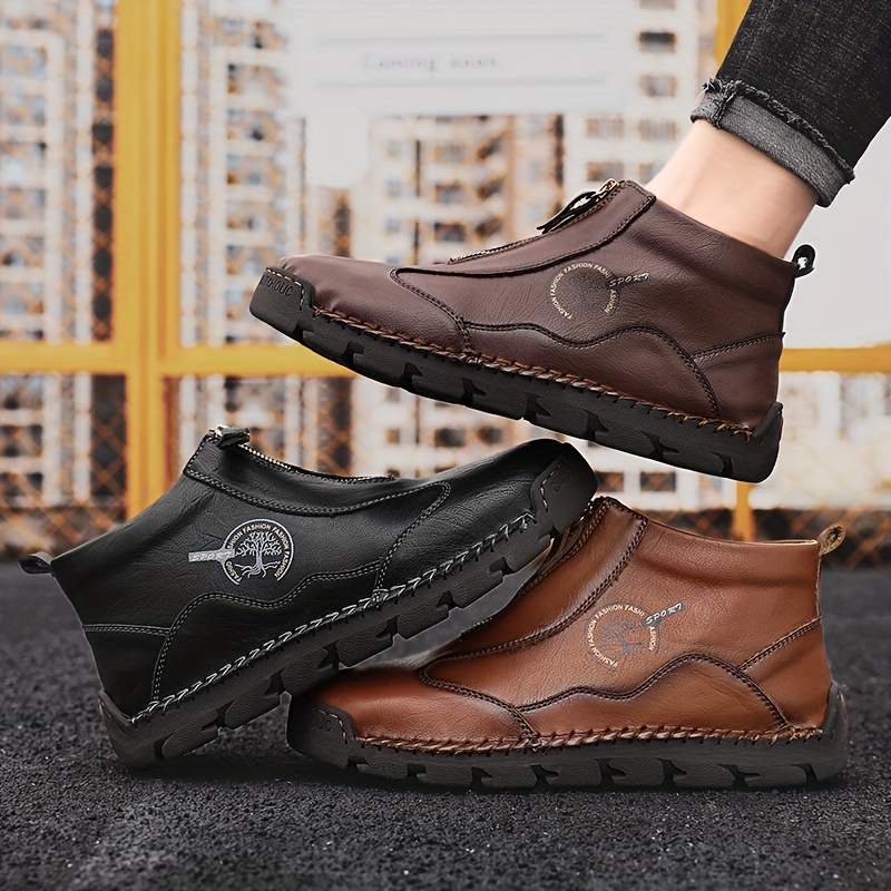  Dacomfy Boots for Men Fashion, Casual Leather Shoes with  Zipper, Comfortable Breathable Hand Stitched Non-slip Shoes Size 6