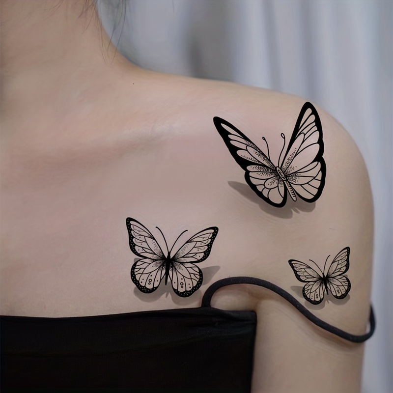 Trio 3D Butterfly Tattoo Black and Whitesh