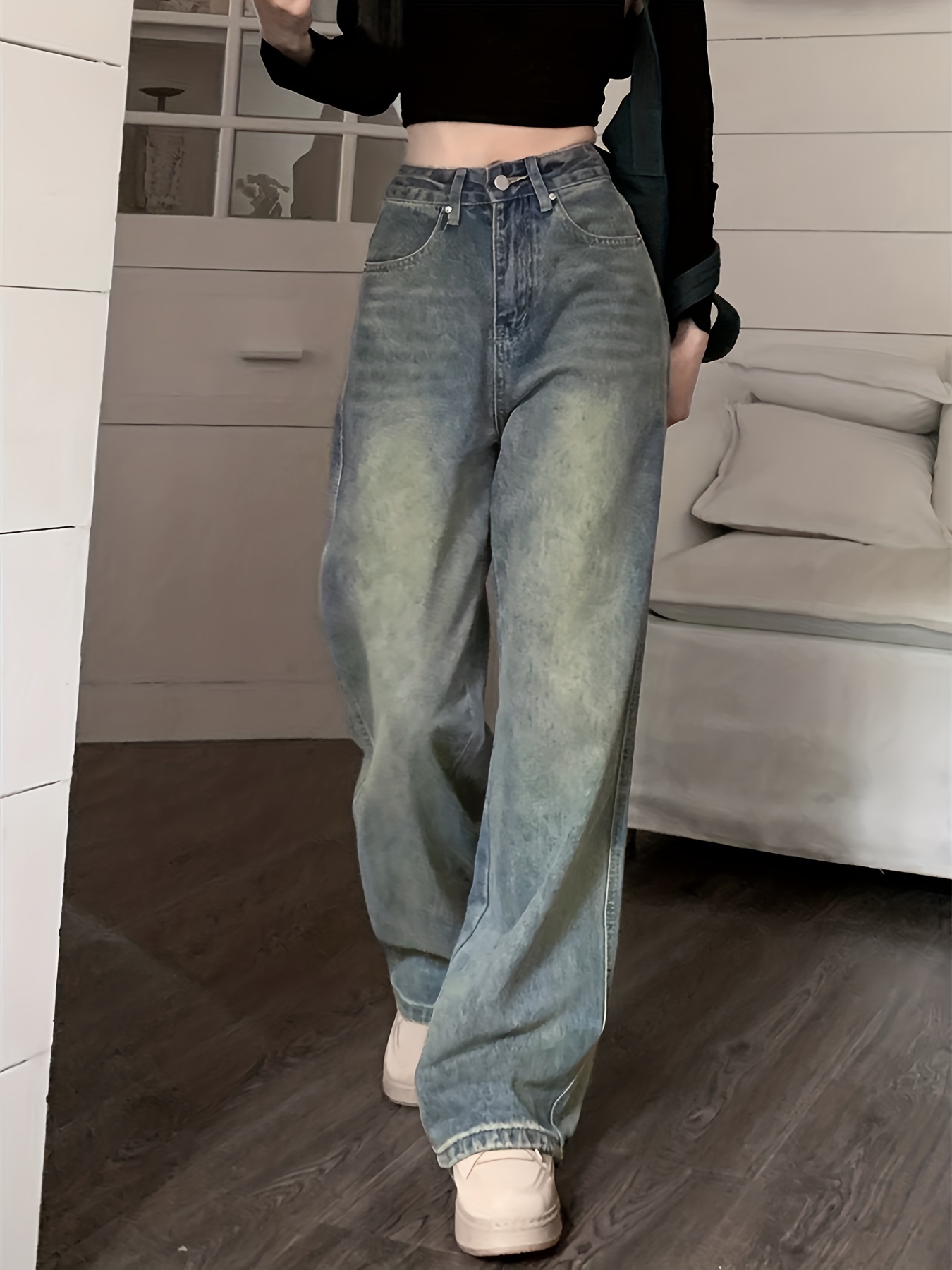 Blue Loose Fit Baggy Jeans, Straight Legs Washed Wide Legs Jeans, Women's  Denim Jeans & Clothing