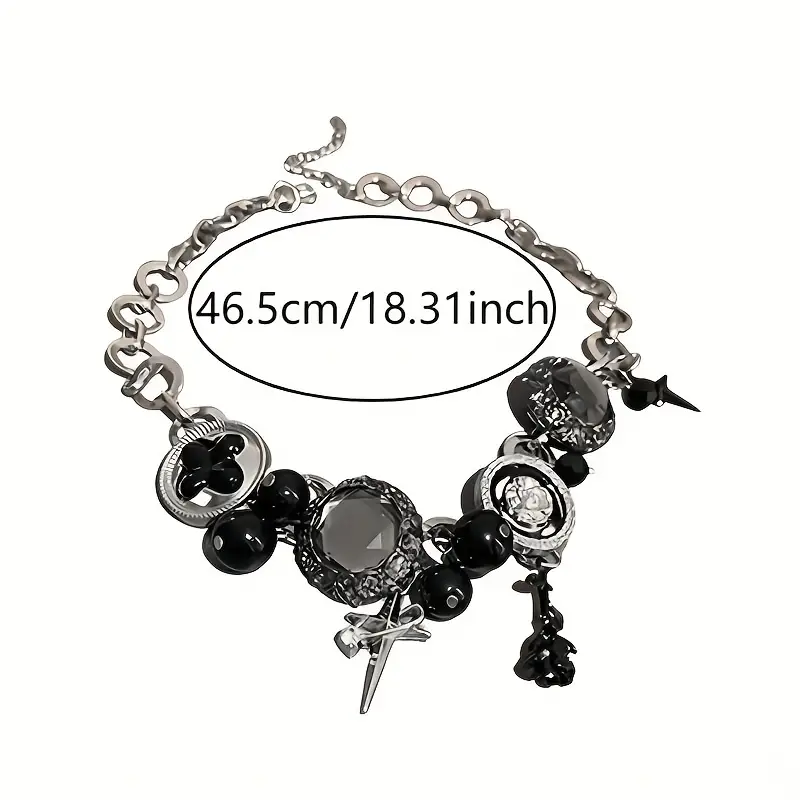 gothic style black rhinestones flower argyle round tag flower drip oil acrylic round beads necklace details 3