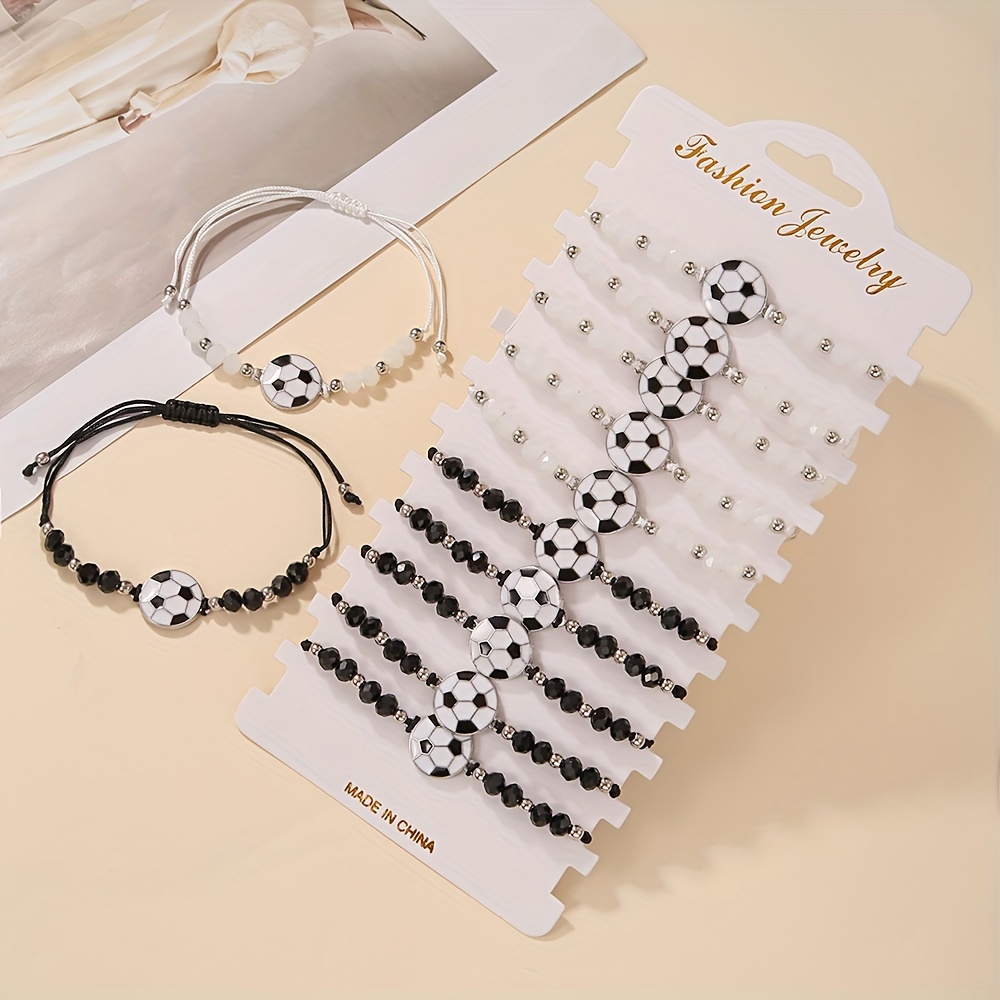 12pcs Enamel Soccer Balls Woven Black and White Crystal Beaded Unisex Adjustable Bracelet Set,Temu