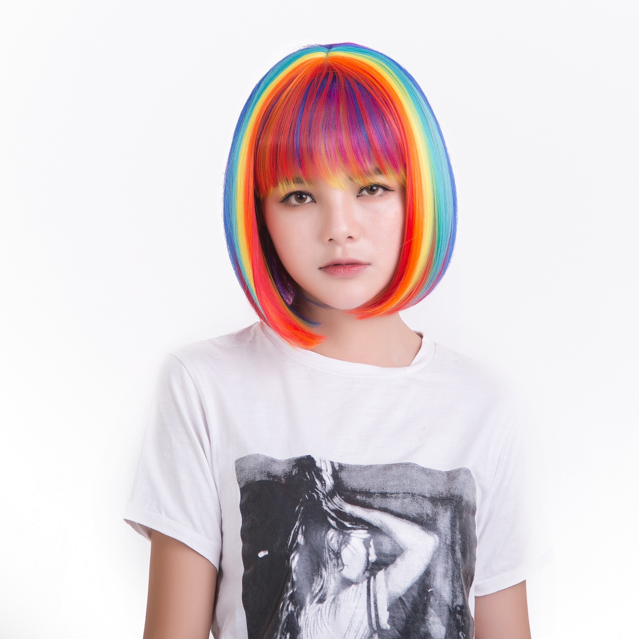 

Colorful Highlight Bob Cut Wig With Bangs Short Straight Wig Synthetic Wig Beginners Friendly Heat Resistant Party Wig For Women Music Festival