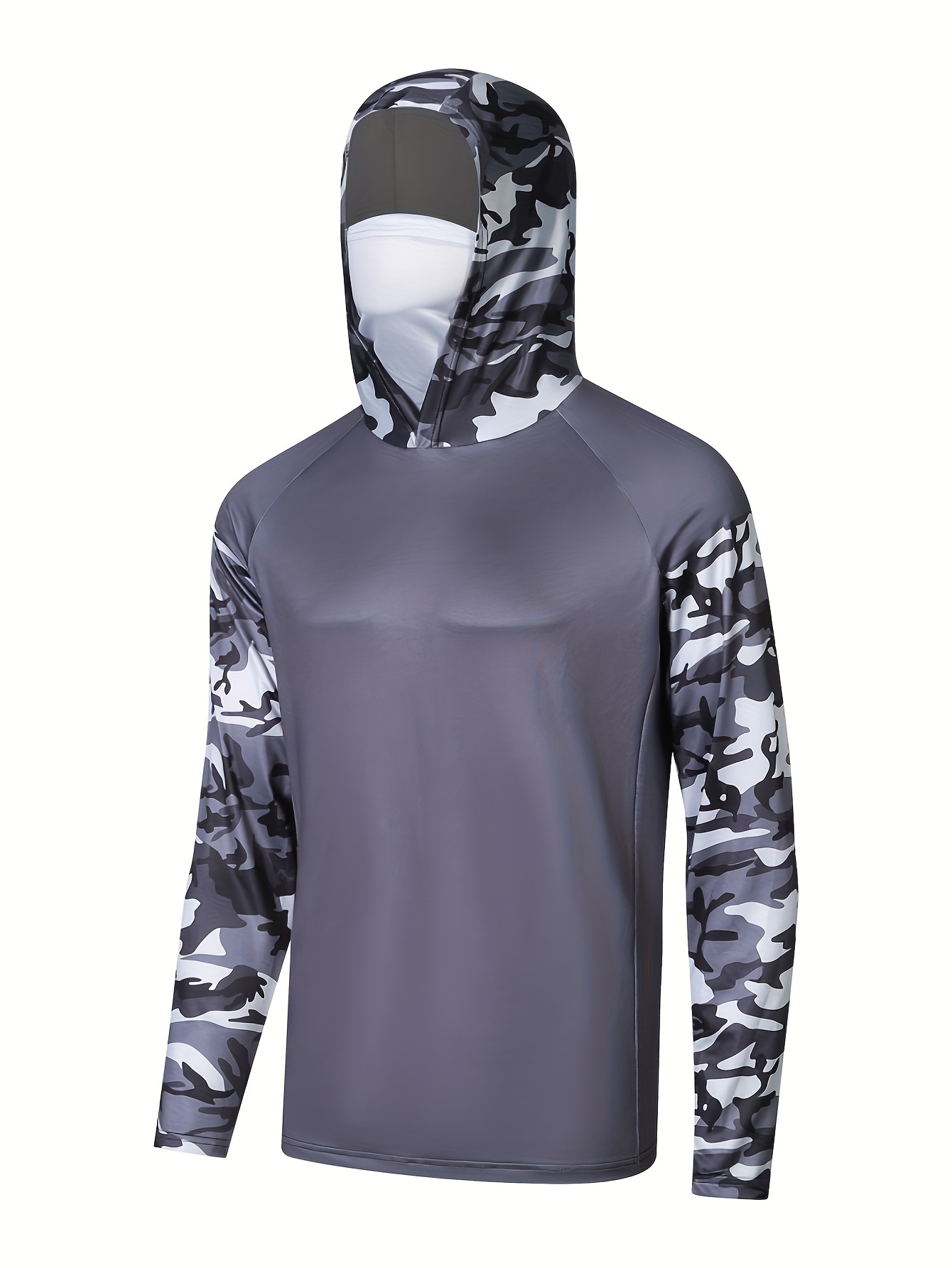 Men's Camouflage UPF 50+ Sun Protection Hoodie With Mask, Long Sleeve Comfy Quick Dry Tops For Men's Outdoor Fishing Activities