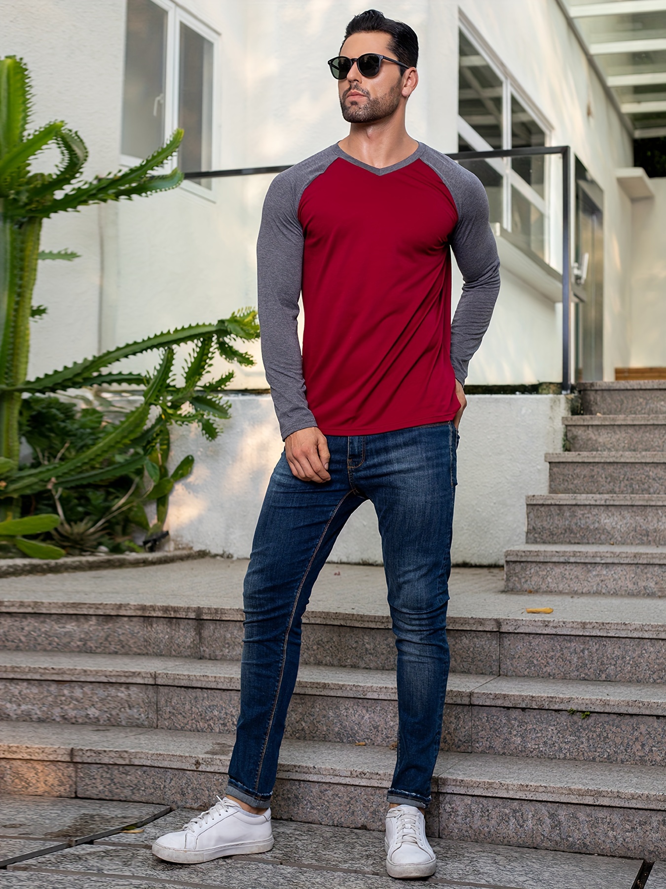 Men's Simple Style Solid Casual V neck Color Block Raglan - Temu